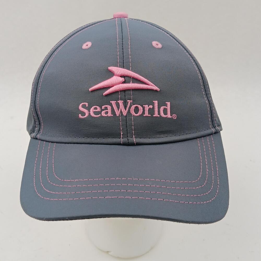 SeaWorld Hat Cap Strap Back One Size Gray Pink Embroidered Baseball Logo Mens